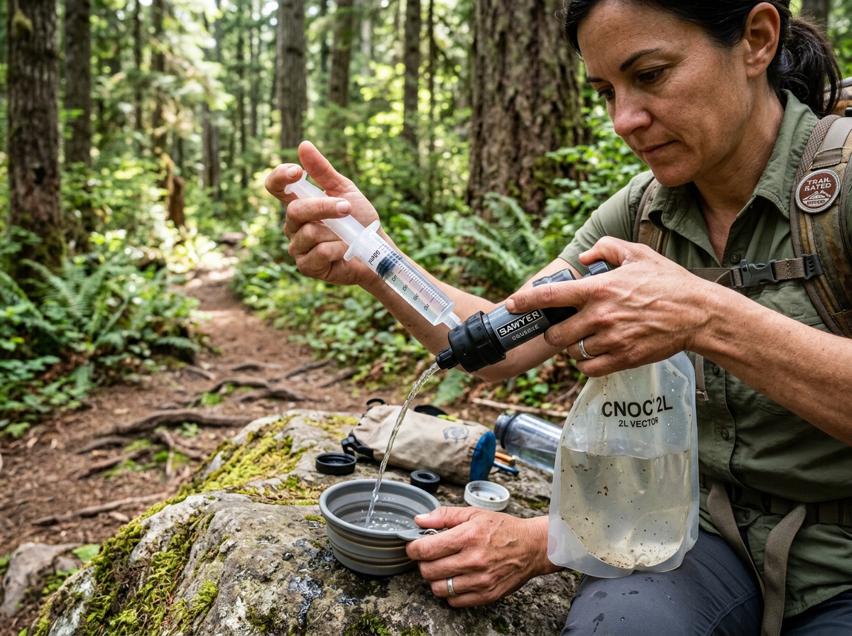 Hiker backflushing a squeeze-style camping water filter beside a forest trail